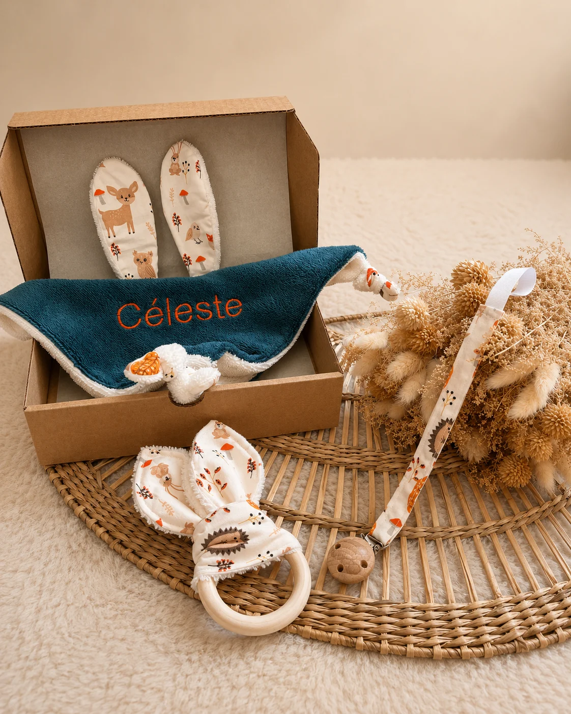 Coffret naissance doudou plat et accessoires assortis - "Promenade d'automne"