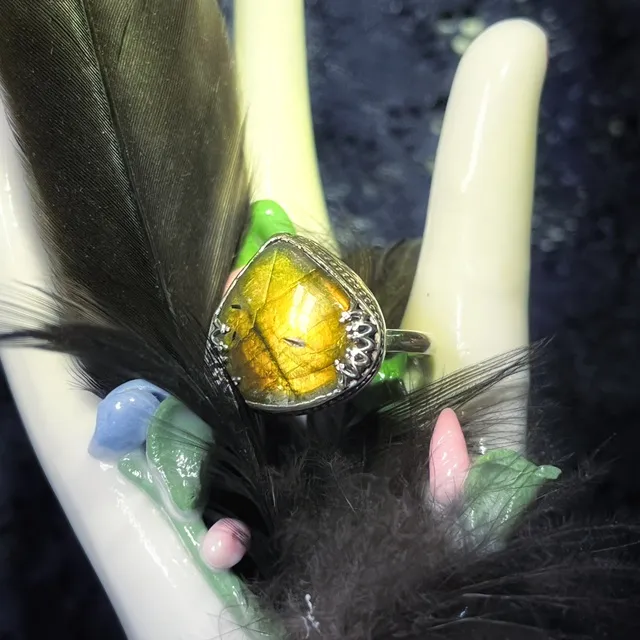Bague argent 925 faite main - Labradorite triangle taille réglable - Bijou alternatif - Handmade sterling silver labradorite adjustable ring